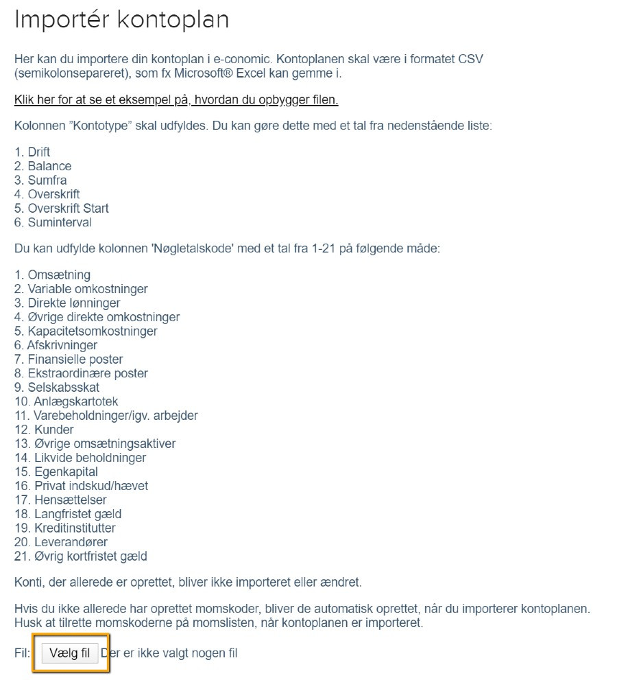 Viser knappen 'Vælg fil' på siden 'Importér kontoplan' – bruges til at vælge en CSV-fil med en kontoplan fra sin computer.