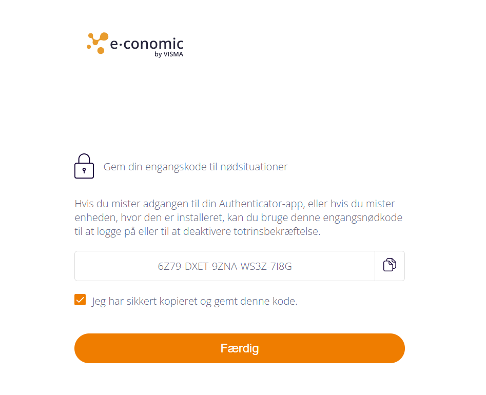 Viser engangsnødkoden i opsætningen af totrinsbekræftelse – bruges til at gemme koden, så man kan genvinde adgang til sin konto.