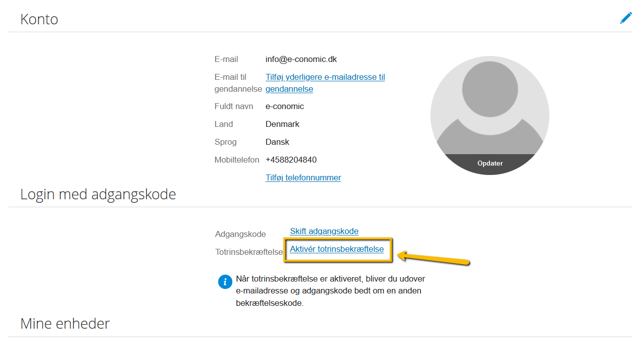 Viser linket "Aktivér totrinsbekræftelse" i kontoindstillingerne – bruges til at aktivere to-trins-bekræftelse.