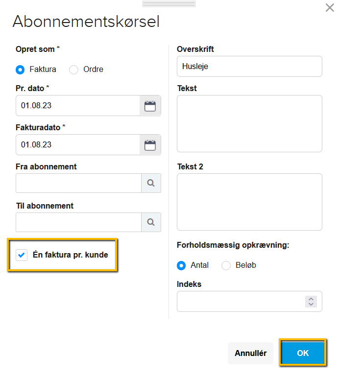 Viser indstillinger for en abonnementskørsel i Abonnement-modulet – bruges til at generere én samlet faktura for hver kunde med flere abonnementer.