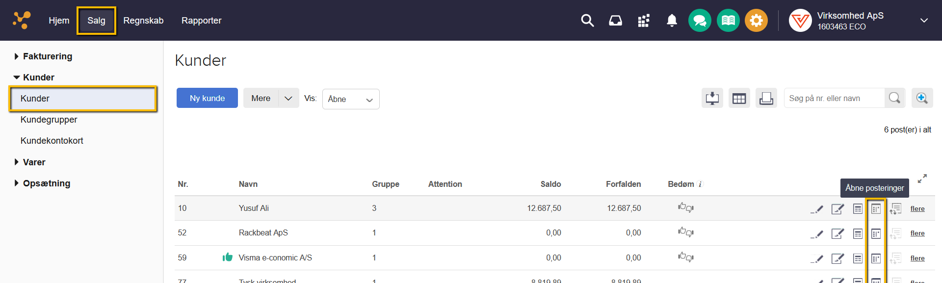 Viser ikonet "Åbne posteringer" i kundeoversigten under Salg – bruges til at starte en manuel udligning for en kunde.
