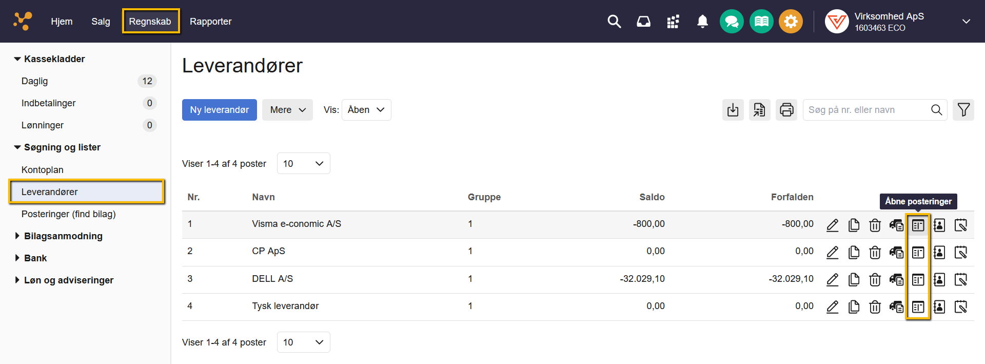 Viser ikonet 'Åbne posteringer' i leverandørlisten – bruges til at udligne åbne poster for en leverandør.