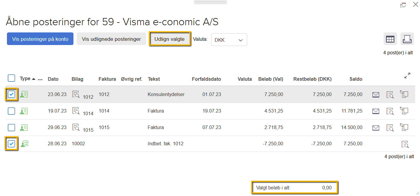 Viser knappen 'Udlign valgte' i oversigten over åbne posteringer – bruges til at gennemføre en manuel udligning af de valgte posteringer.