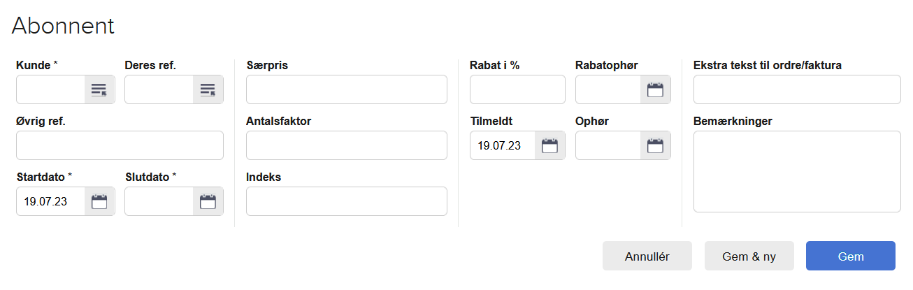 Viser oprettelsesvinduet 'Abonnent' i abonnementsmodulet – bruges til at oprette en ny abonnent på en aftale.