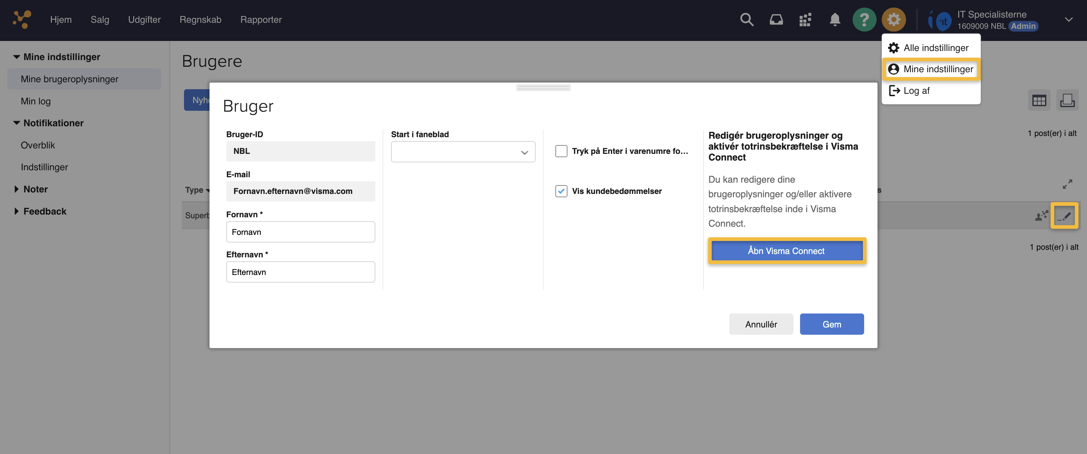 Viser redigeringsvinduet for en bruger i brugeradministrationen – bruges til at redigere brugerens oplysninger og tilgå Visma Connect.