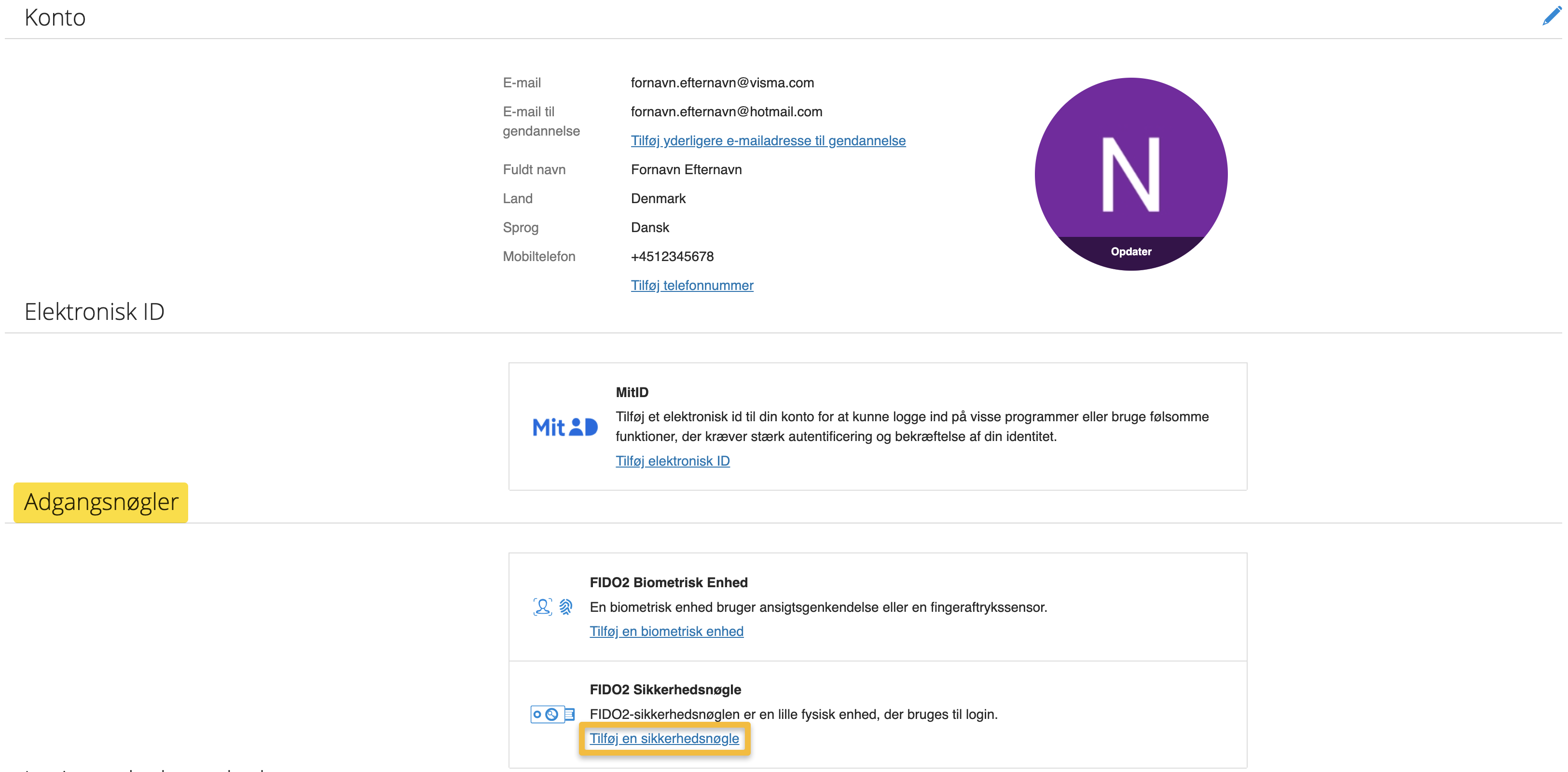Viser 'Tilføj en sikkerhedsnøgle'-linket i sektionen 'Adgangsnøgler' – bruges til at starte opsætningen af en FIDO2-sikkerhedsnøgle.