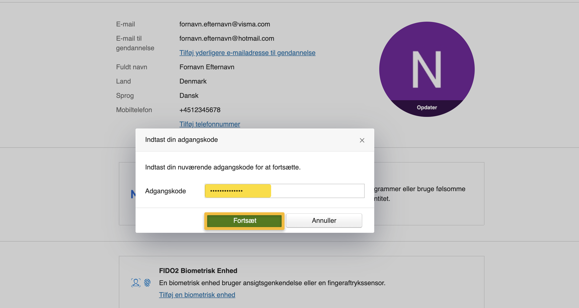 Viser dialogboks til indtastning af adgangskode i brugerindstillinger – bruges til at bekræfte brugerens identitet før tilføjelse af en sikkerhedsnøgle.