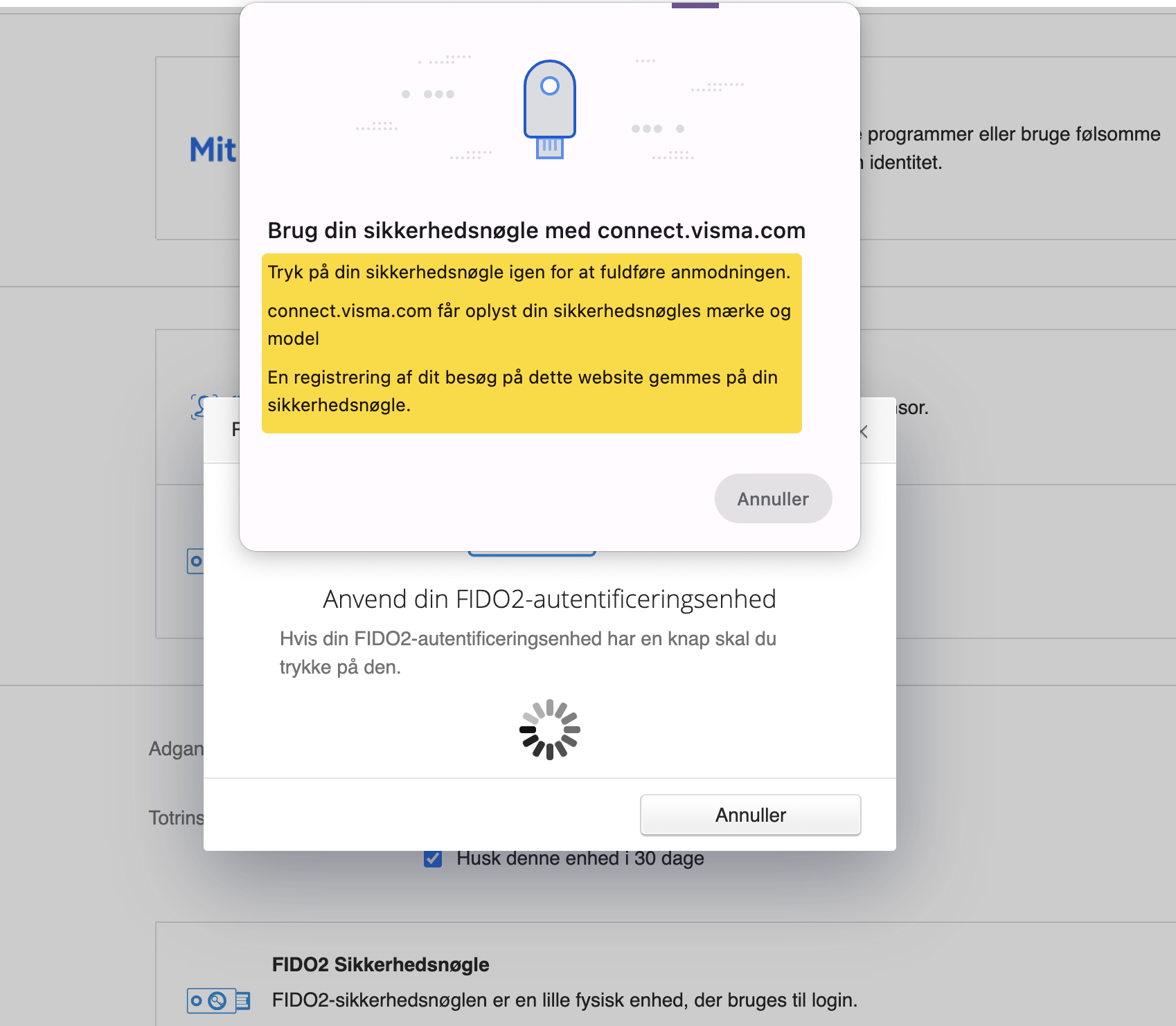 Viser prompten til aktivering af sikkerhedsnøgle i opsætningen af totrinsbekræftelse – bruges til at fuldføre registreringen af sikkerhedsnøglen.