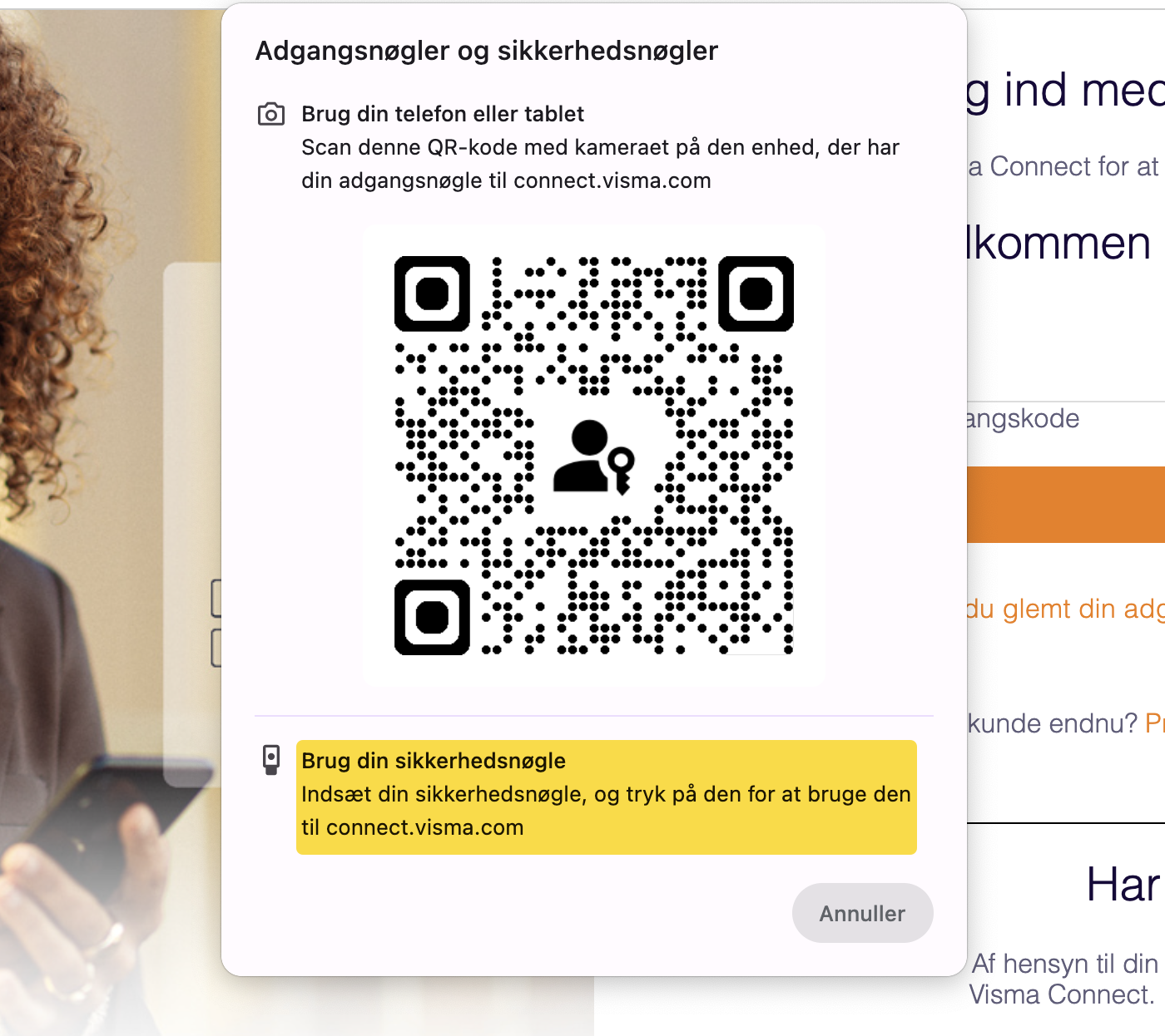 Viser dialogboks for adgangsnøgler og sikkerhedsnøgler i Visma Connect – bruges til at logge ind med enten en QR-kode eller en fysisk sikkerhedsnøgle.