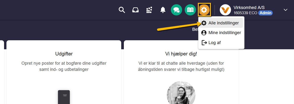 Viser menupunktet "Alle indstillinger" i indstillingsmenuen – bruges til at navigere til virksomhedens generelle indstillinger.
