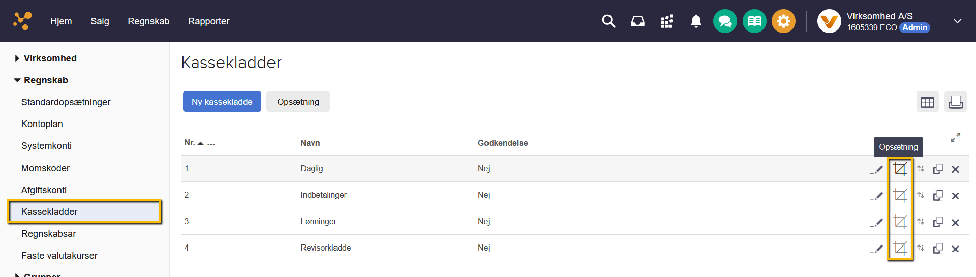 Viser Opsætning-ikonet i kassekladdeoversigten – bruges til at åbne opsætningen for en kassekladde.
