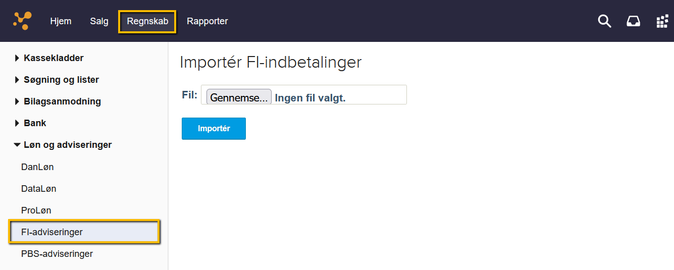 Viser importfunktionen i FI-adviseringer – bruges til at indlæse en fil med FI-indbetalinger.