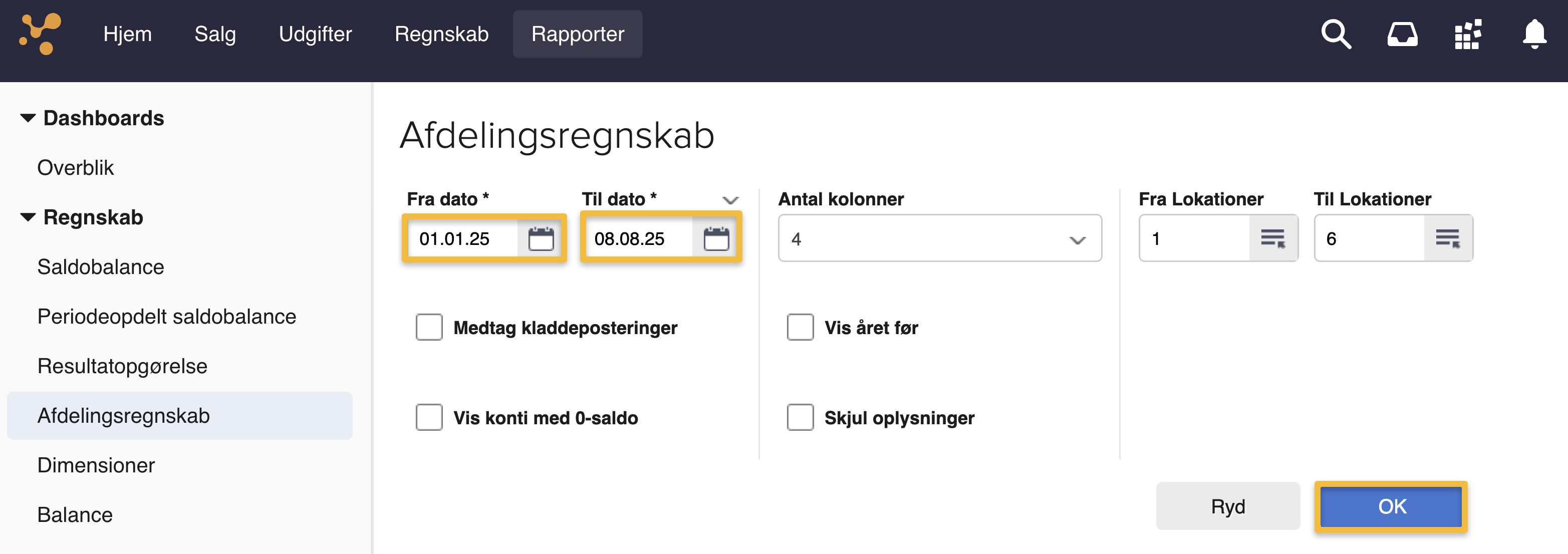 Viser opsætningsmulighederne i rapporten Afdelingsregnskab – bruges til at definere kriterier og generere rapporten.