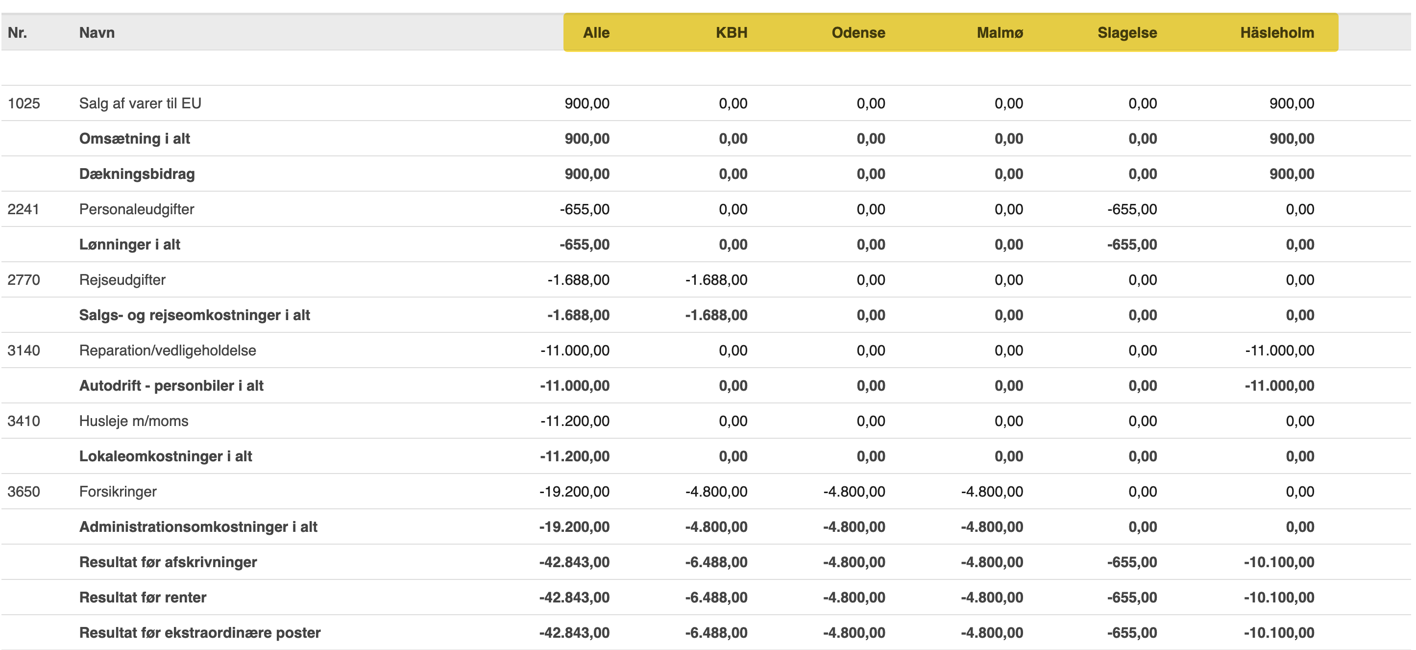 Viser afdelingsregnskabsrapporten i Rapporter – bruges til at give et overblik over indtægter og omkostninger fordelt på afdelinger.