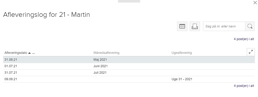 Viser en medarbejders afleveringslog i Projektstyring – bruges til at få et overblik over hvilke uger og måneder, der er afleveret timer for.