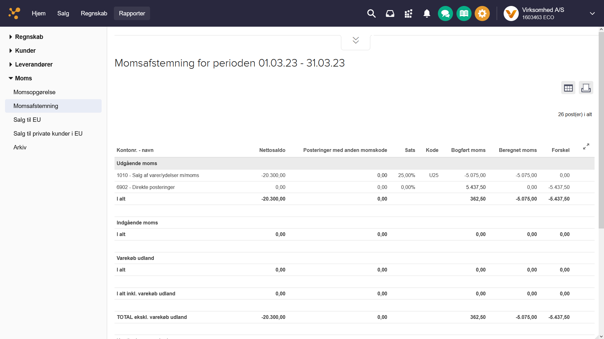 Viser momsafstemningsrapporten i Rapporter – bruges til at finde differencer mellem bogført og beregnet moms.