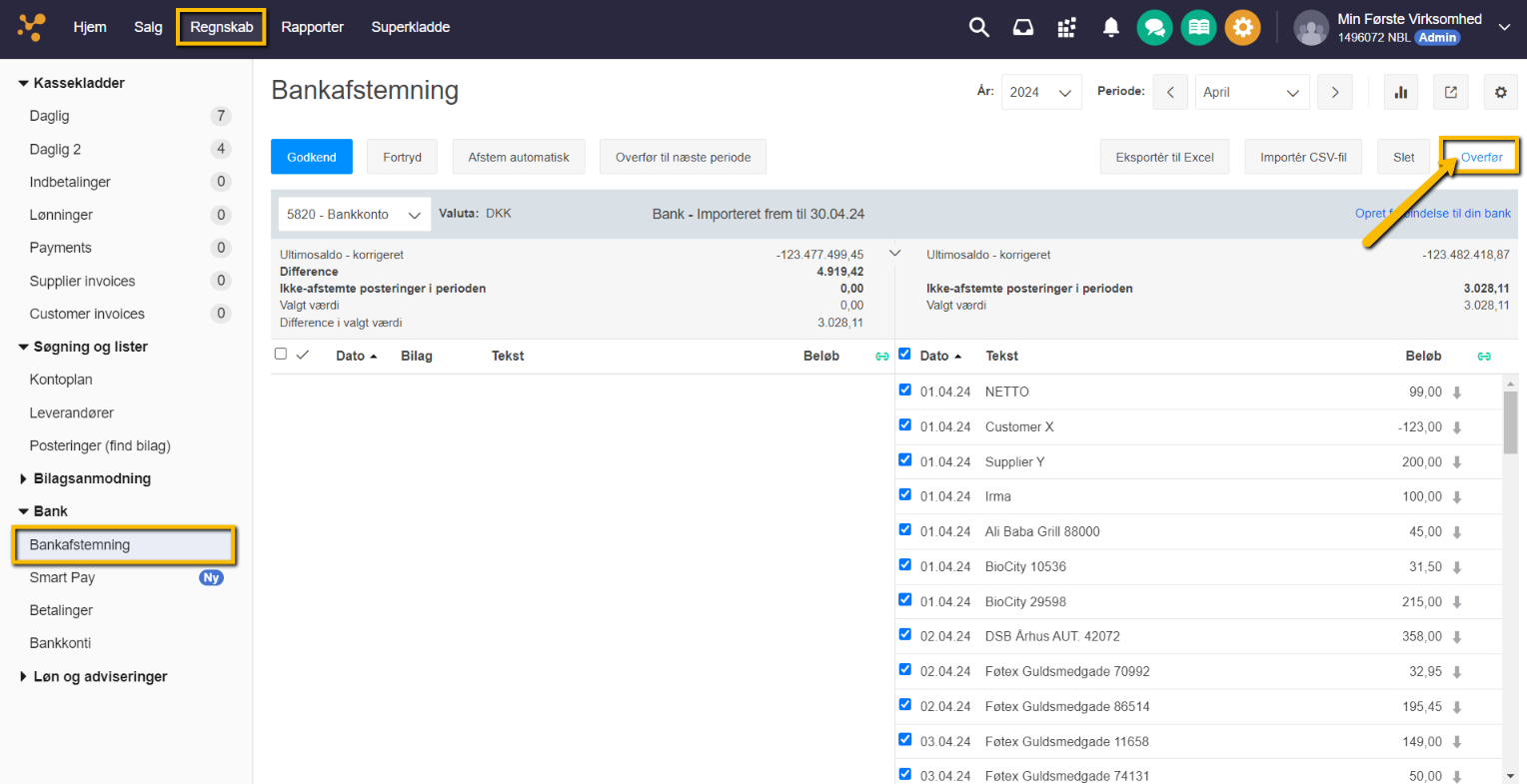 Viser Overfør-knappen i Bankafstemning – bruges til at overføre markerede bankposter til en kassekladde.