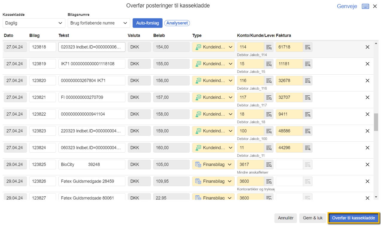 Viser automatiske konteringsforslag i vinduet 'Overfør posteringer til kassekladde' – bruges til at fremskynde konteringen af bankposteringer.
