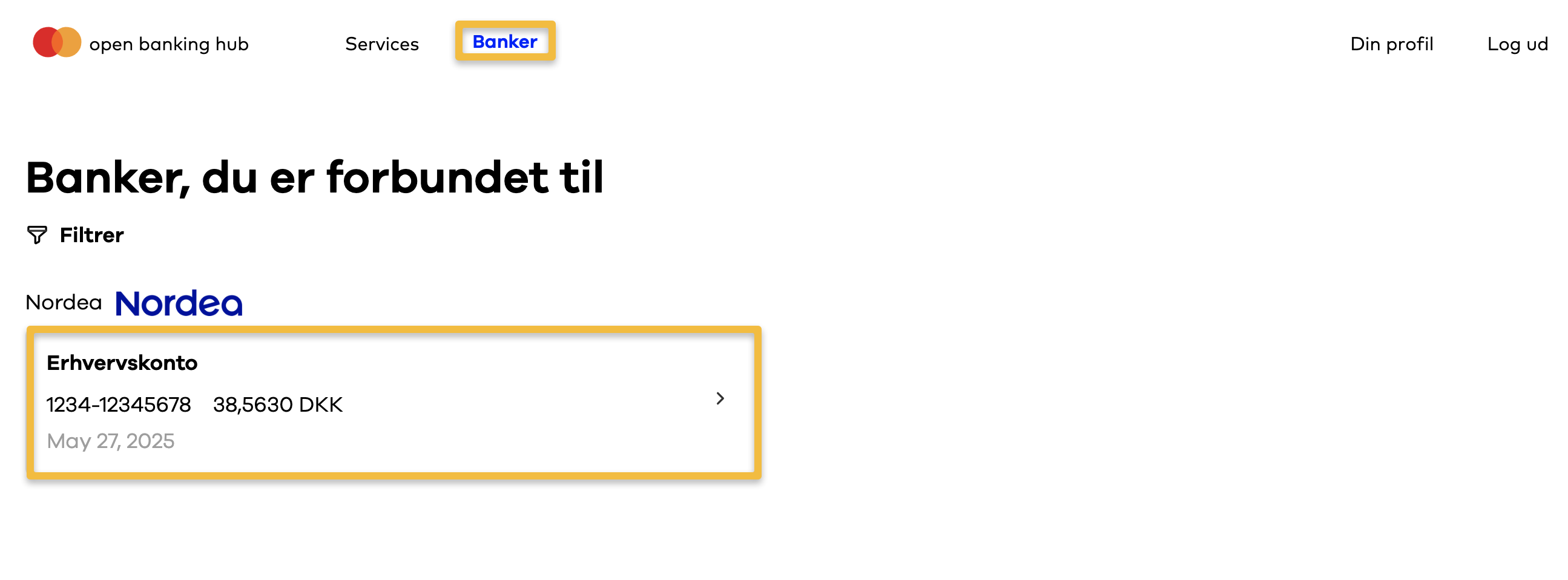 Viser listen over forbundne banker i Aiia's 'Banker'-sektion – bruges til at vælge den bankkonto, hvor forbindelsen skal fornys.