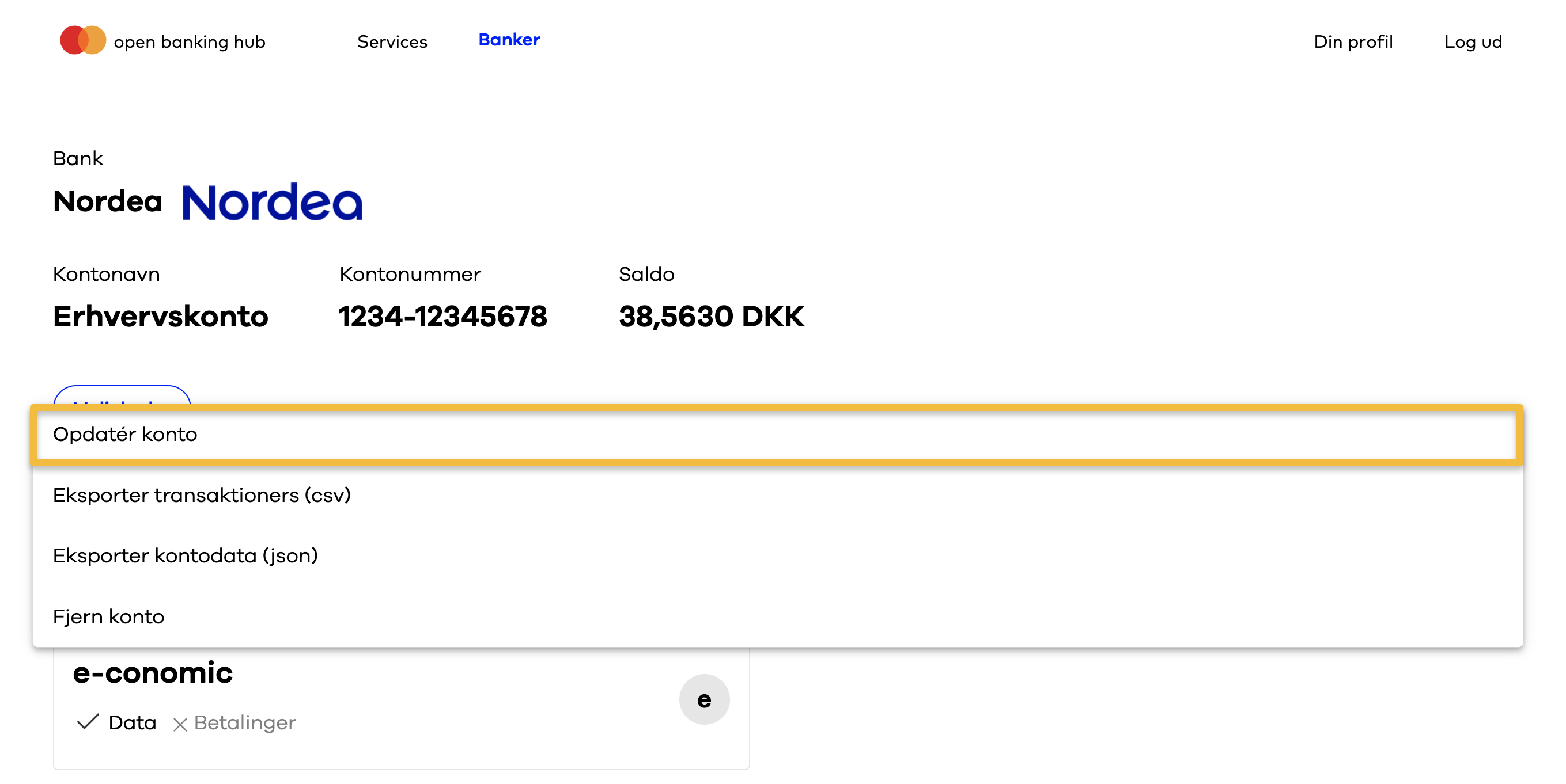 Viser valgmuligheden Opdatér konto i bankoversigten i Aiia – bruges til at forny forbindelsen til banken.