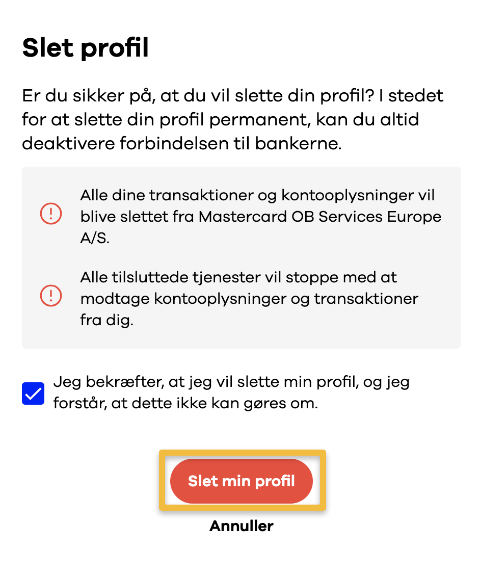 Viser bekræftelse af sletning af profil i Aiia – bruges til at opsige aftalen permanent.