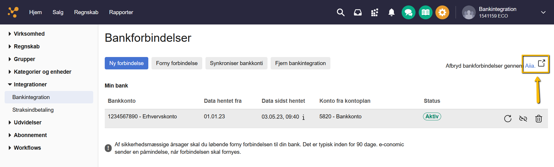 Viser Aiia-linket i Bankintegration – bruges til at opsige sin Aiia-aftale.