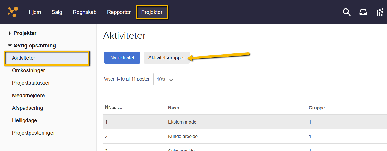 Viser knappen Aktivitetsgrupper i oversigten Aktiviteter – bruges til at gå til listen over aktivitetsgrupper.