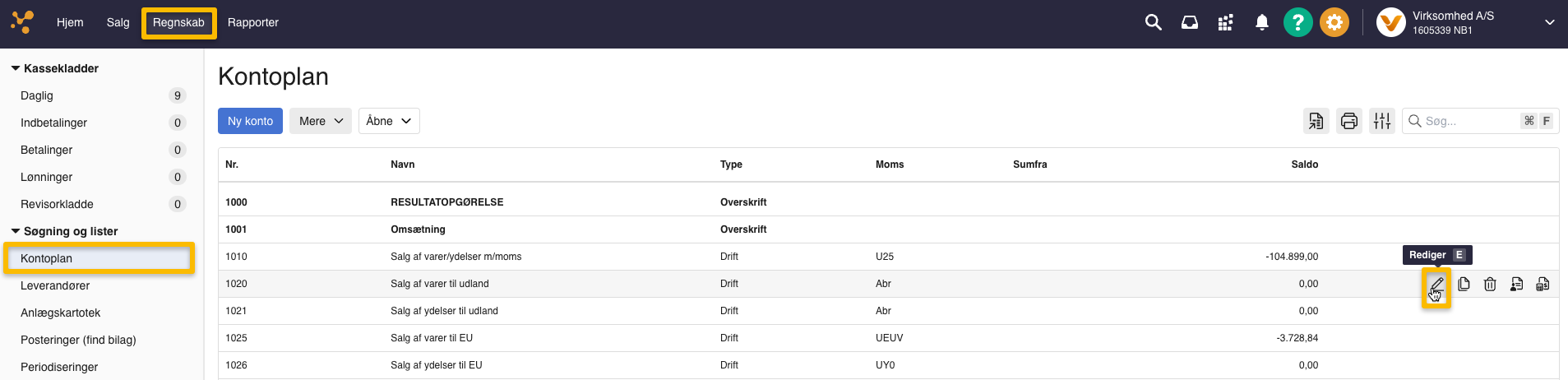 Viser Rediger-ikonet i Kontoplanen – bruges til at angive en fast valuta på en konto.