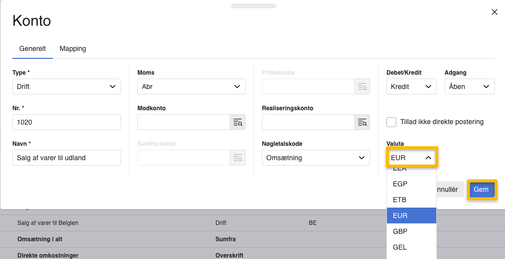 Viser rullemenuen 'Valuta' i kontokortet – bruges til at sætte en fast valuta på kontoen.