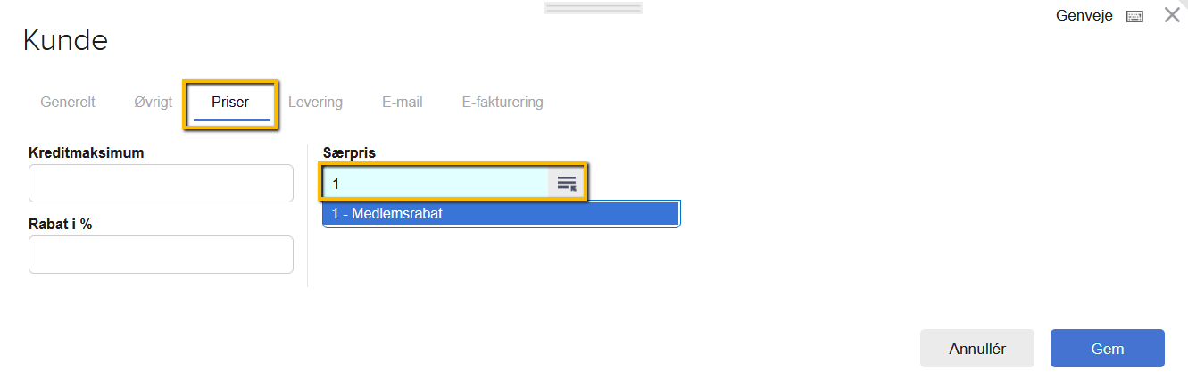 Viser valg af en kundeprisgruppe i fanen 'Priser' på kundekortet – bruges til at tildele kunden en specifik særprisliste.