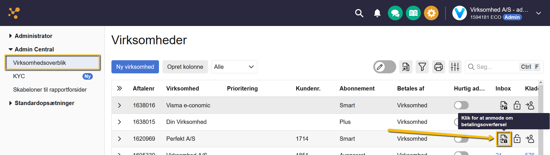 Viser ikonet for betalingsoverførsel i virksomhedsoverblikket – bruges til at anmode om at overtage betalingen på en kundes aftale.