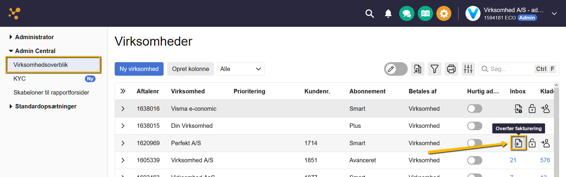 Viser ikonet 'Overfør fakturering' i virksomhedsoverblikket – bruges til at overføre faktureringen for en kunde.