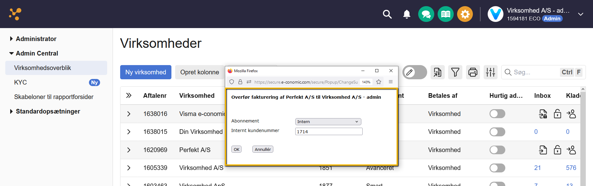 Viser vinduet 'Overfør fakturering' i virksomhedsoverblikket – bruges til at vælge et abonnement til kunden ved overtagelse af fakturering.