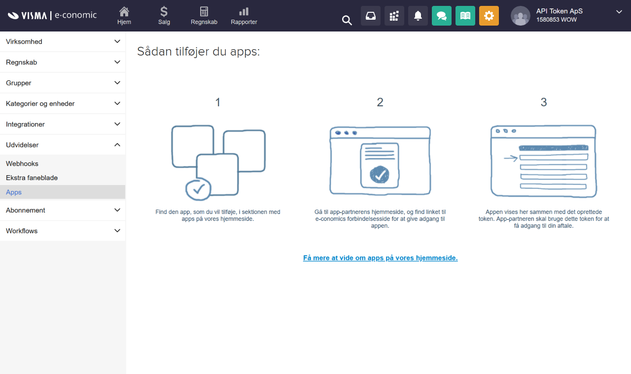 Viser 'Apps'-siden i Udvidelser – bruges til at tilføje en ny app og oprette et API-token.