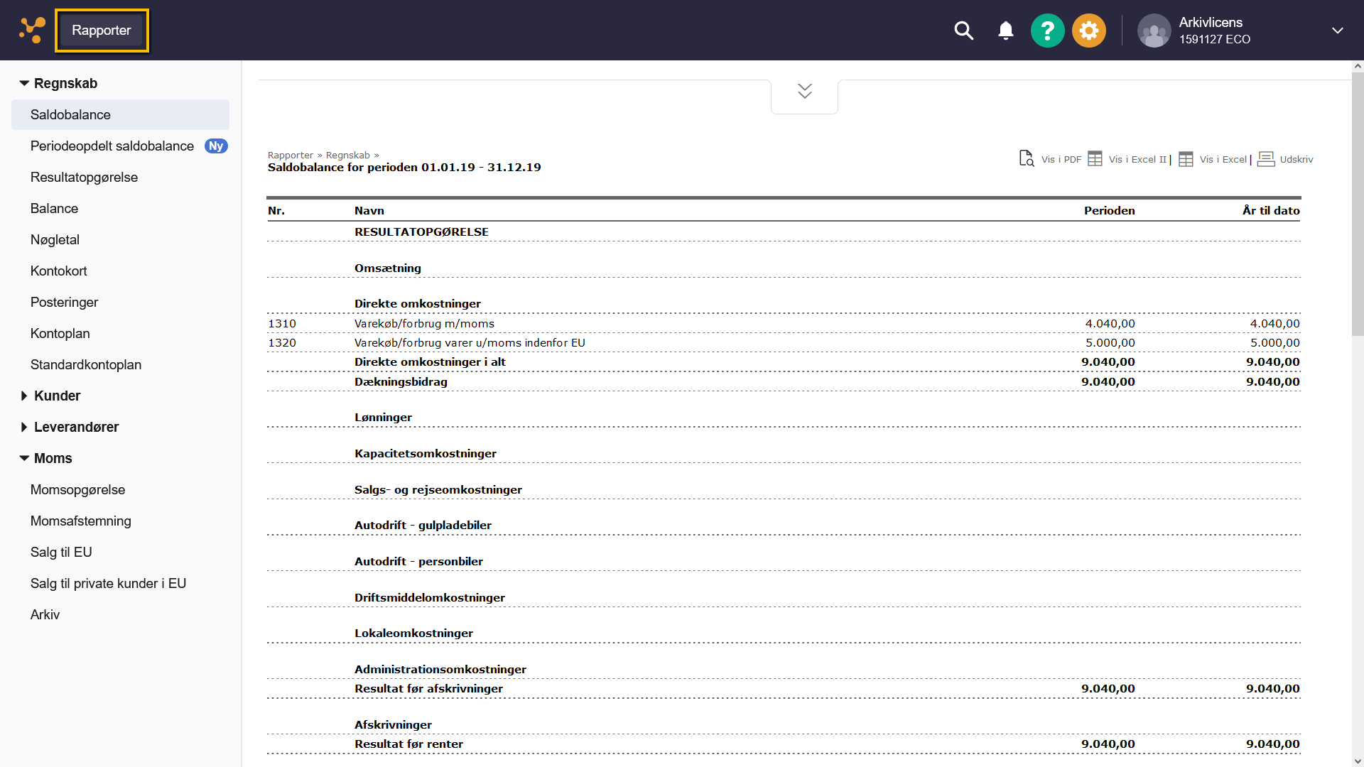 Viser Saldobalance-rapporten i fanen Rapporter – bruges til at trække regnskabsdata ud som dokumentation.