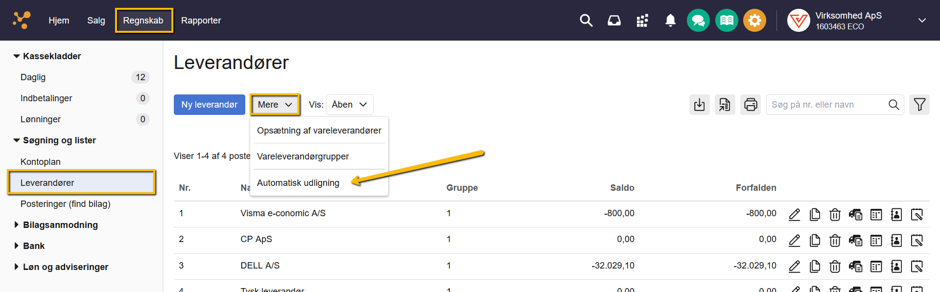 Viser menupunktet "Automatisk udligning" i leverandøroversigten – bruges til at starte en automatisk udligning af leverandørposter.