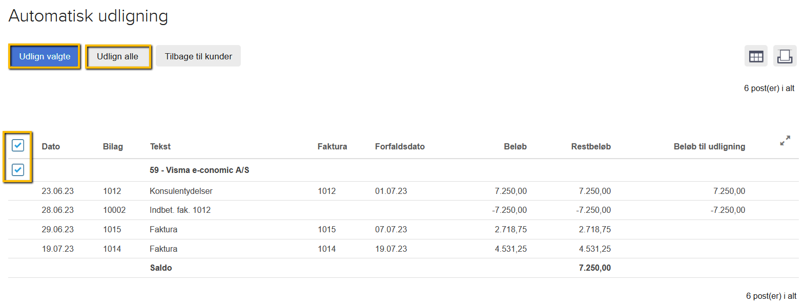 Viser knappen "Udlign valgte" i Automatisk udligning – bruges til at lukke markerede poster, der går ud med hinanden.