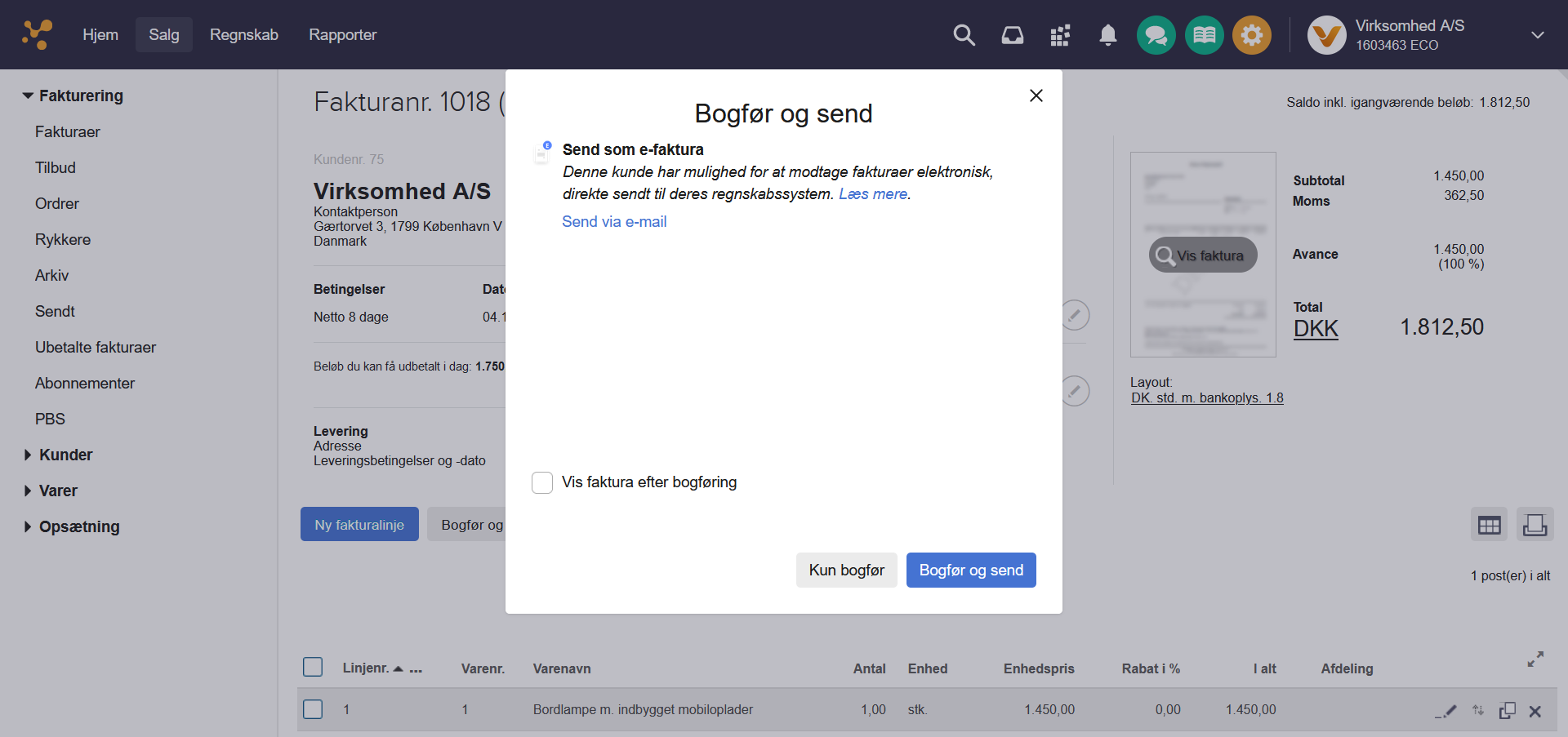 Viser "Bogfør og send"-dialogboksen i fakturering – bruges til at bekræfte afsendelse af en e-faktura.