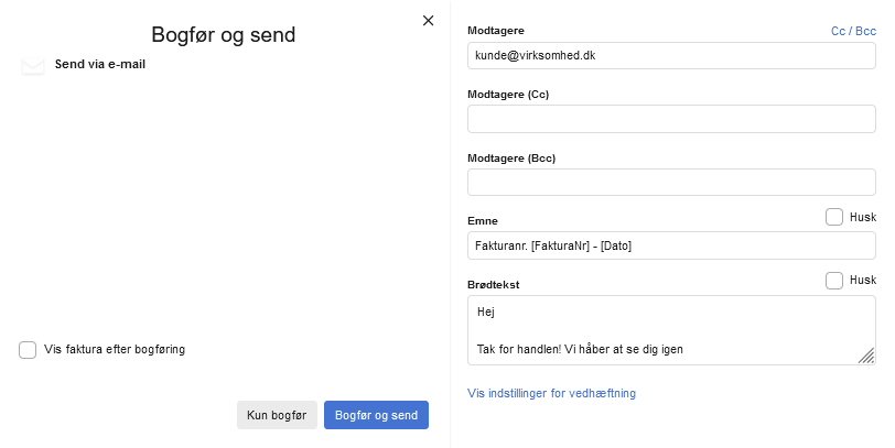 Viser Bogfør og send-vinduet med e-mail som afsendelsesmetode i fakturering – bruges til at sende en faktura via e-mail, når e-fakturering er fravalgt.