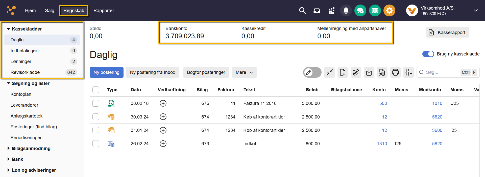 Viser beholdningskonti i en kassekladde – bruges til at få et hurtigt overblik over saldi på udvalgte konti.