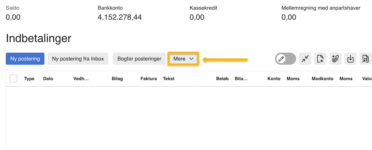Viser knappen 'Mere' i kassekladden – bruges til at åbne menuen for opsætning af kassekladden.