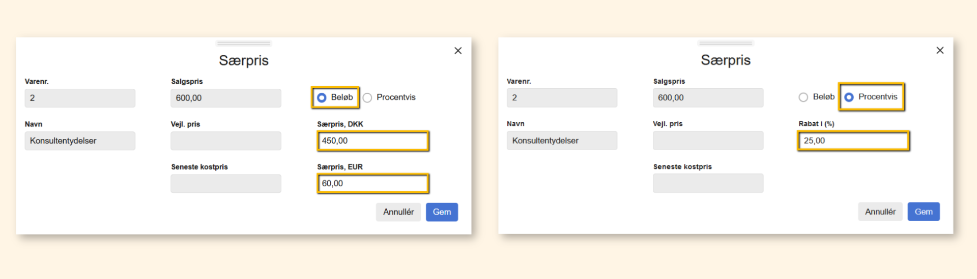 Viser pop-op-vinduet Særpris i prisgrupper – bruges til at definere en vares særpris som et fast beløb i en specifik valuta eller som en procentvis rabat.