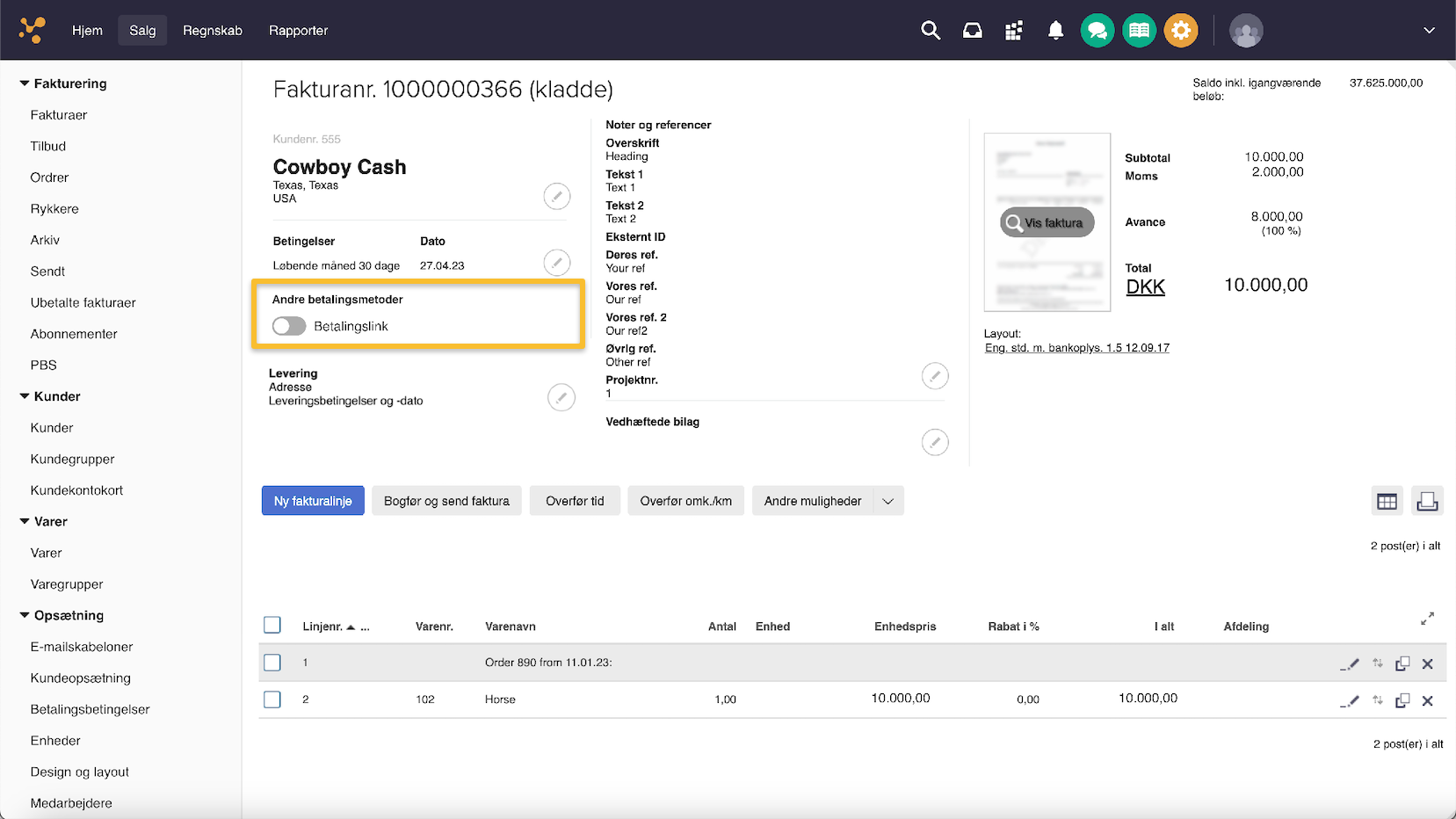 Viser toggle-knappen 'Betalingslink' i en fakturakladde – bruges til at aktivere et betalingslink på fakturaen.