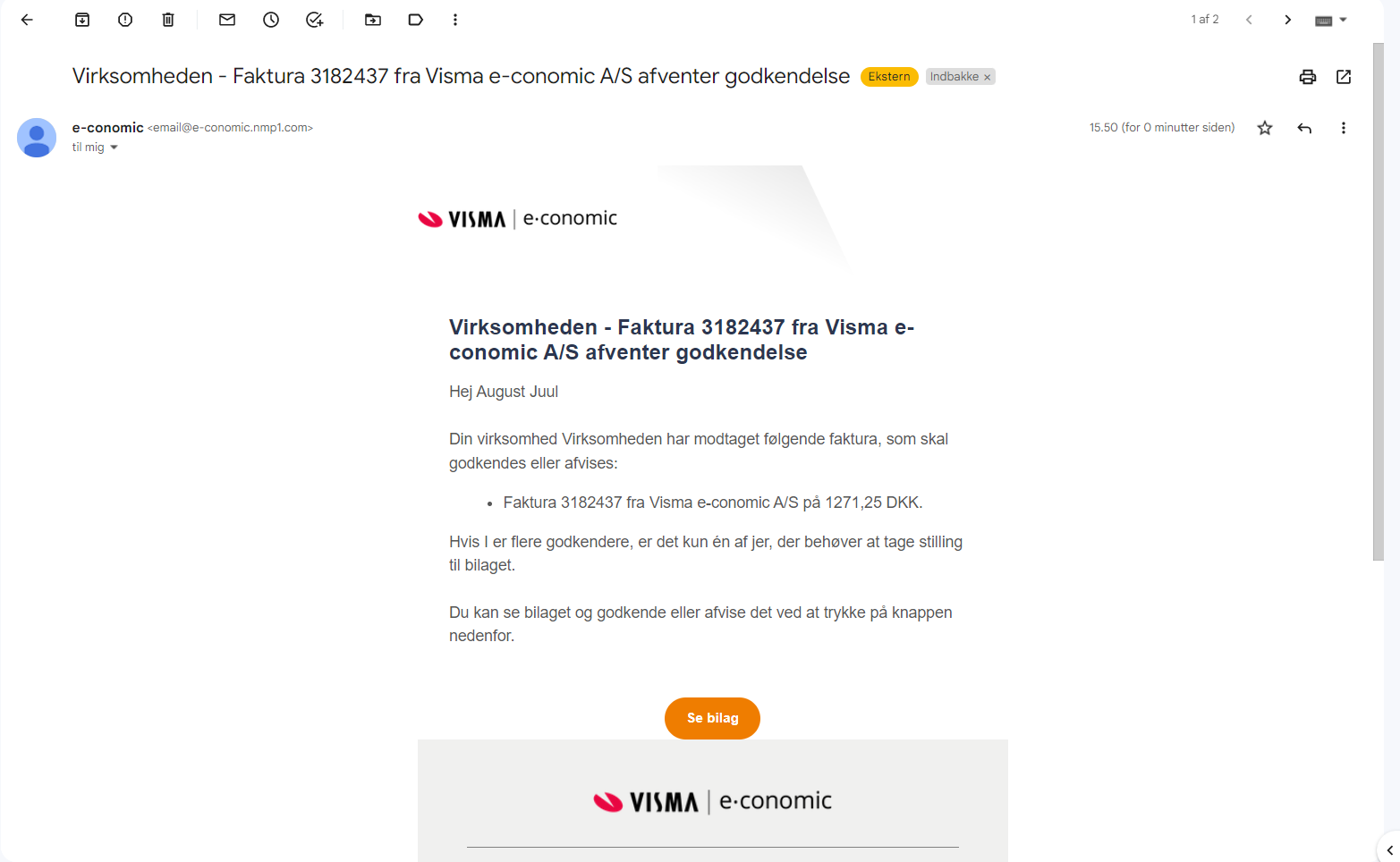 Viser e-mail til godkender med knapperne “Godkend” og “Afvis” – bruges til at godkende eller afvise bilag direkte fra mailen.