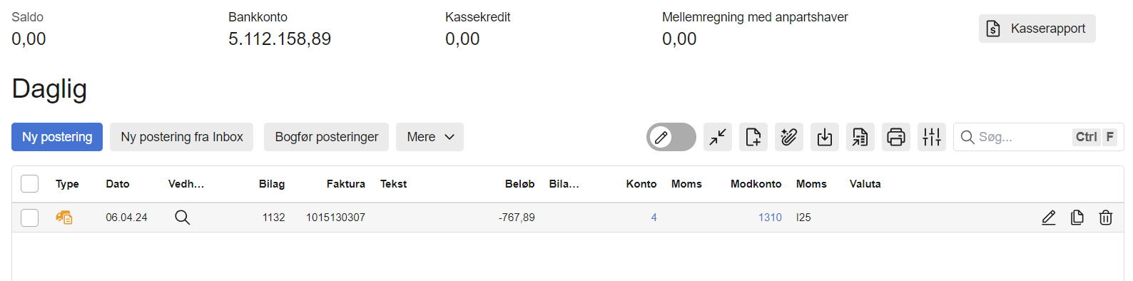 Viser en oprettet postering i en kassekladde – bruges til at bogføre et bilag fra Inbox.