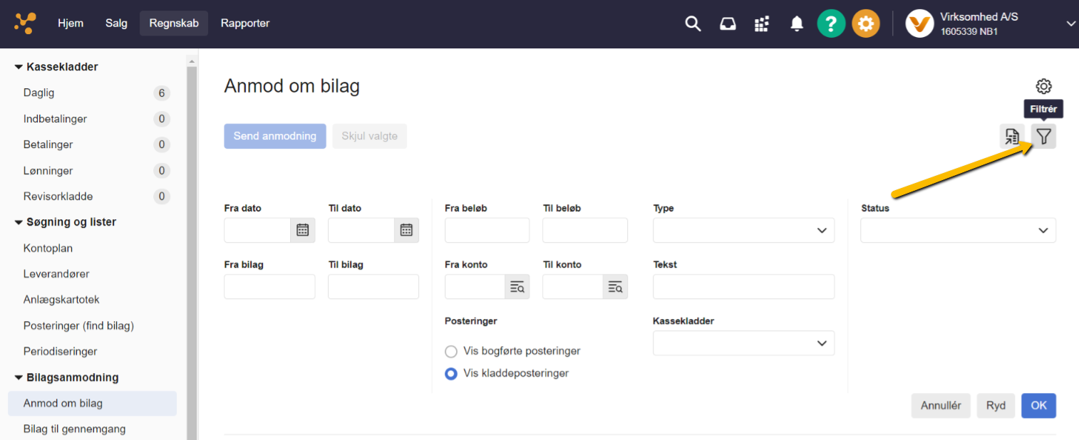 Viser filter-ikonet i Anmod om bilag – bruges til at filtrere i posteringer, der kan anmodes bilag til.