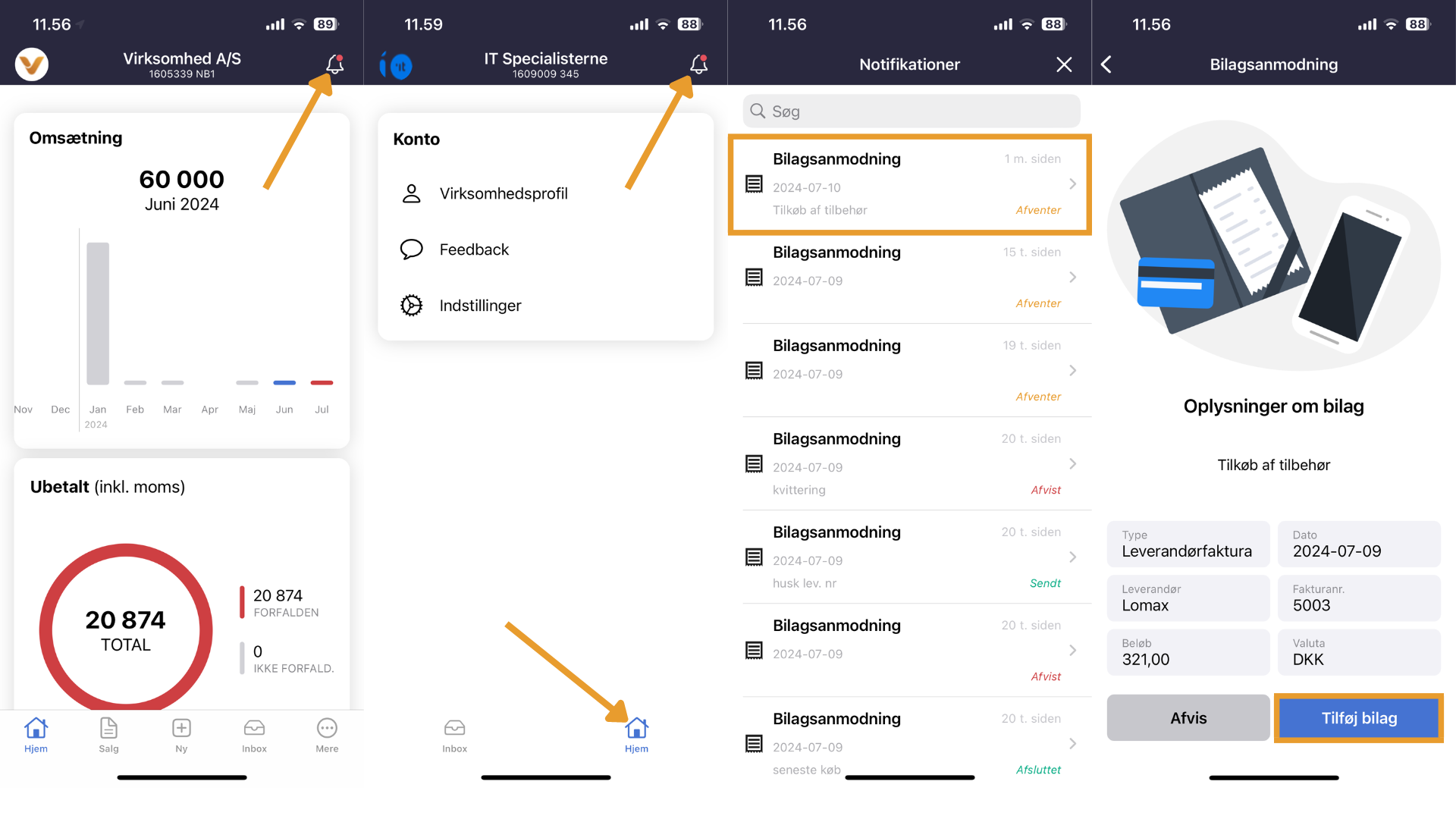 Viser de nødvendige trin for at tilføje et bilag i e-conomic mobilappen – bruges til at efterkomme en bilagsanmodning.