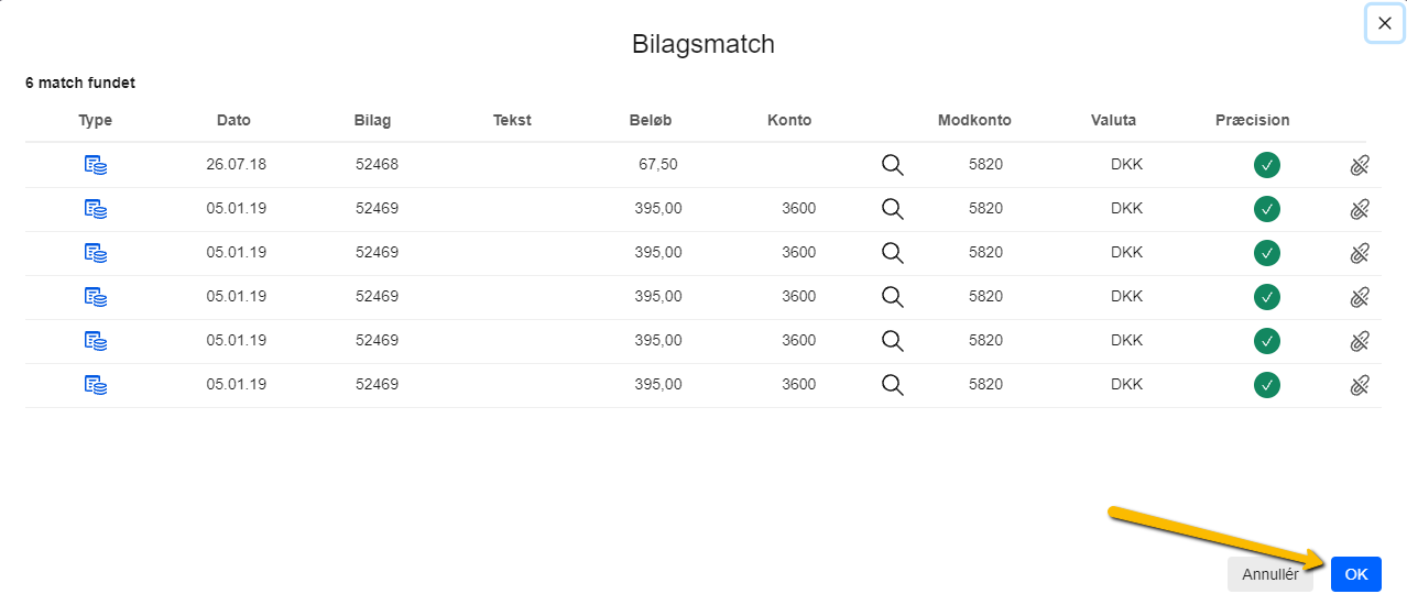 Viser en liste over foreslåede bilagsmatch i Bilagsmatch-vinduet – bruges til at godkende og tilføje bilagene til posteringerne.