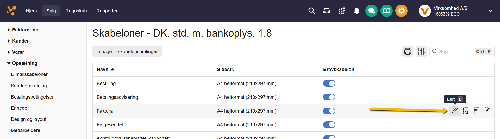 Viser blyant-ikonet ud for 'Faktura' i skabelon-oversigten – bruges til at redigere skabelonen for at tilføje et dokument.