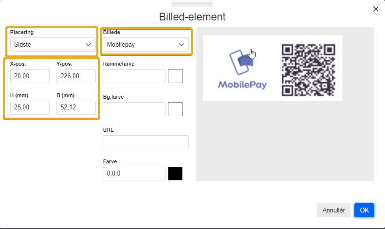 Viser indstillingerne for Billed-element i opsætning af skabeloner – bruges til at placere en MobilePay QR-kode på et fakturalayout.